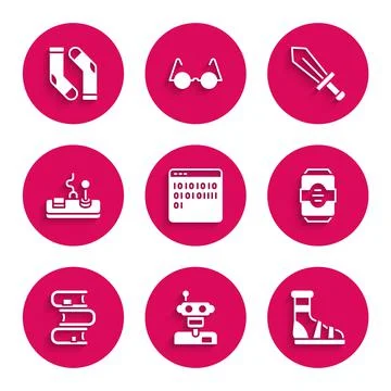 Set Binary code, Robot, Slippers with socks, Energy drink, Book, Gamepad, Sword Stock Illustration