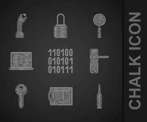 Set Binary code, Safe, Bullet, Door handle, Key, Laptop lock, Magnifying glass Illustrazione stock