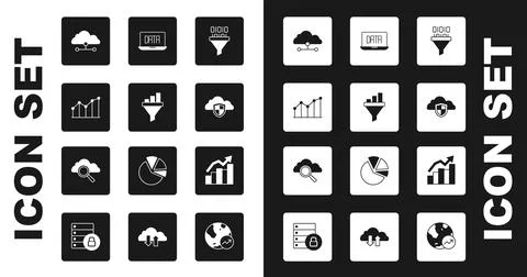Set Binary code, Sales funnel with chart, Pie infographic, Network cloud co.. Illustrazione stock