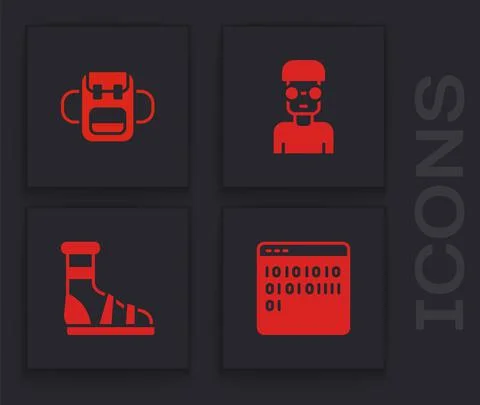Set Binary code, School backpack, Nerd geek and Slippers with socks icon. Vector Stock Illustration