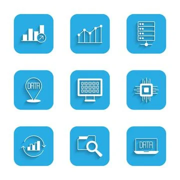 Set Binary code, Search with folder, Data analysis, Processor CPU, Pie chart Stock Illustration