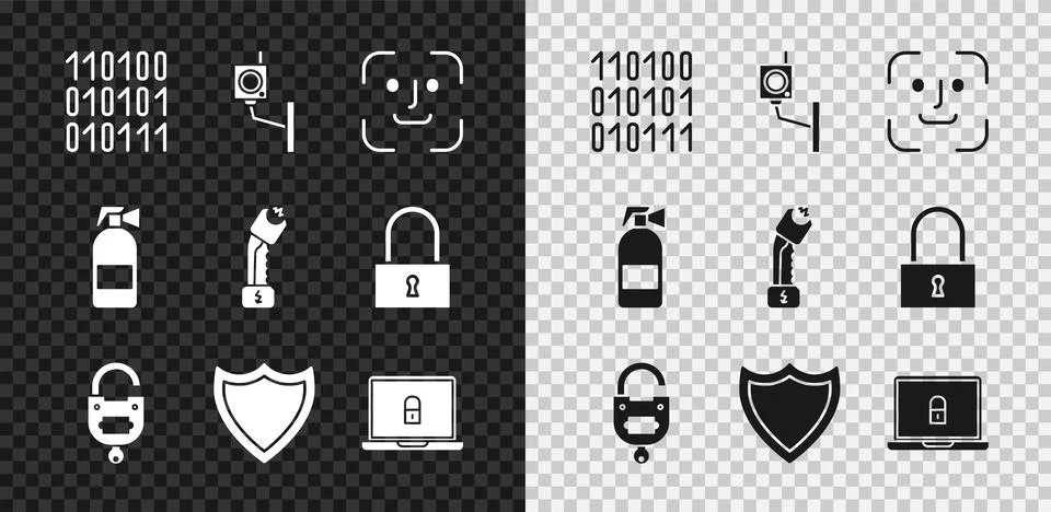 Set Binary code, Security camera, Face recognition, Lock and key, Shield, Laptop Stock Illustration