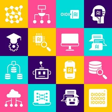 Set Binary code, Server, Chat bot, Processor CPU, Graduation cap, Neural network Illustration