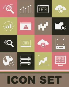 Set Binary code, Server, Folder and lock, Data analysis, Browser with 库存插图