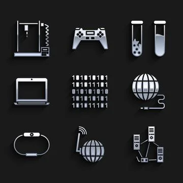 Set Binary code, Social network, Computer, Smartwatch, Laptop, Test tube and Stock Illustration