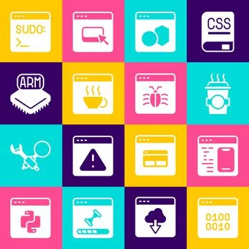 Set Binary code, Software, Coffee cup to go, Processor, Code terminal and System Stock Illustration