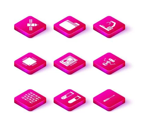 Set Binary code, Test tube and flask, Processor with microcircuits CPU, Graphic Stock Illustration