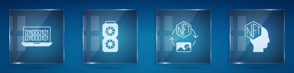 Set Binary code, Video graphic card, NFT Digital crypto art and . Square glass イラスト素材