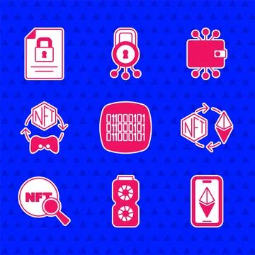 Set Binary code, Video graphic card, Ethereum ETH, exchange NFT, Search, Digital 스톡 일러스트