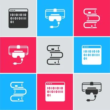 Set Binary code, Virtual reality glasses and Book icon. Vector Stock Illustration