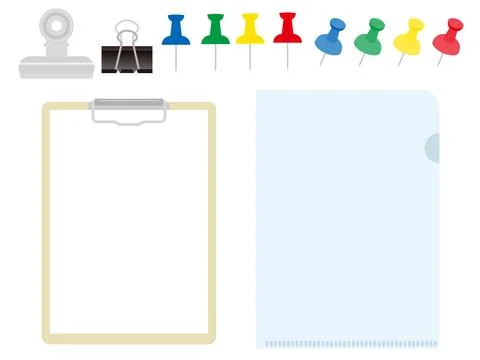 Set of binder, clear file, clips and thumbtacks. Stock Illustration