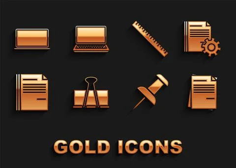Set Binder clip, Document settings with gears, File document, Push pin, Ruler Stock Illustration