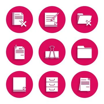 Set Binder clip, Drawer with documents, File, Document folder, and paper, Delete Stock Illustration