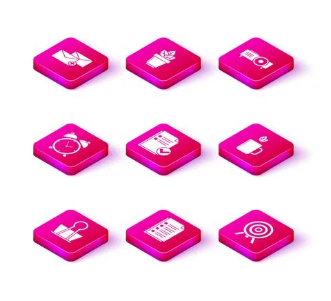 Set Binder clip, File document, Alarm clock, Document and check mark, Target 스톡 일러스트