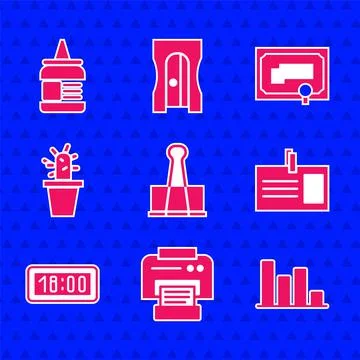 Set Binder clip, Printer, Pie chart infographic, Identification badge, Digital Stock Illustration