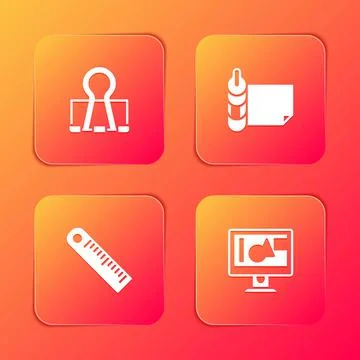 Set Binder clip, Roll of paper, Ruler and Computer monitor screen icon. Vector Stock Illustration