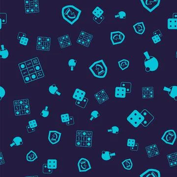 Set Bingo card, Racket, Chess and Game dice on seamless pattern. Vector Stock Illustration