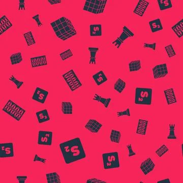 Set Bingo, Rubik cube, Board game and Chess on seamless pattern. Vector Illustrazione stock