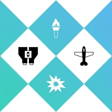 Set Binoculars, Bomb explosion, Torch flame and Plane icon. Vector イラスト素材