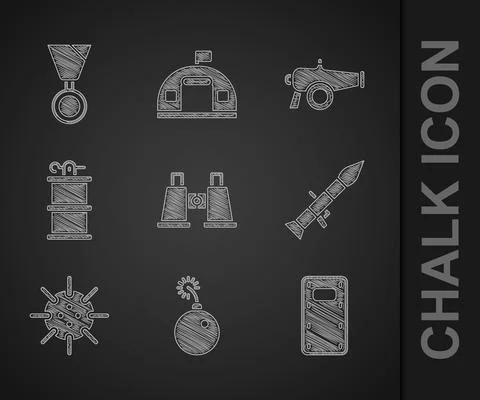 Set Binoculars, Bomb ready to explode, Military assault shield, Rocket launcher Stock Illustration
