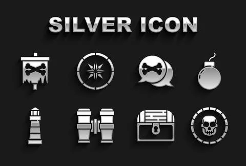 Set Binoculars, Bomb ready to explode, Pirate coin, Antique treasure chest,.. 스톡 일러스트