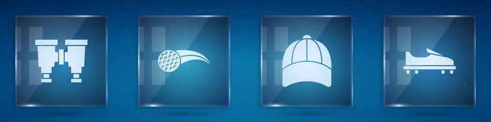 Set Binoculars, Golf ball, Baseball cap and shoe. Square glass panels. Vector Stock Illustration
