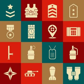 Set Binoculars, Hand grenade, Dynamite bomb, Chevron, timer clock, Military Stock Illustration