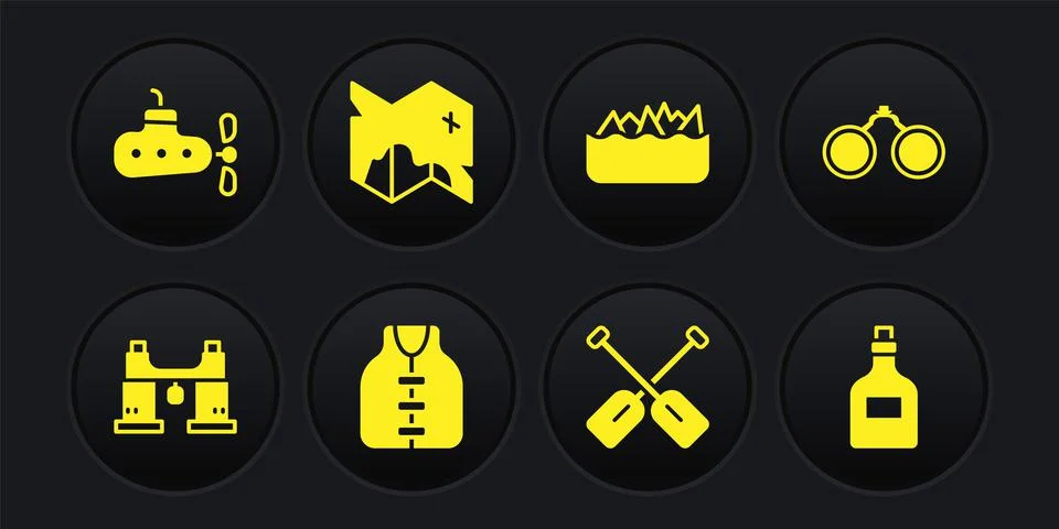 Set Binoculars, Life jacket, Paddle, Sharp stone reefs, Pirate treasure map, Rum Stock Illustration