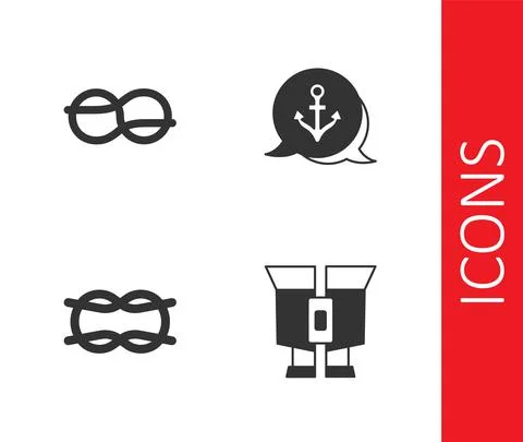Set Binoculars, Nautical rope knots, and Anchor icon. Vector Stock Illustration