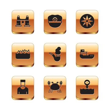 Set Binoculars, Sailor captain, Crab, Smoking pipe, Sharp stone reefs, Wind rose Stock Illustration