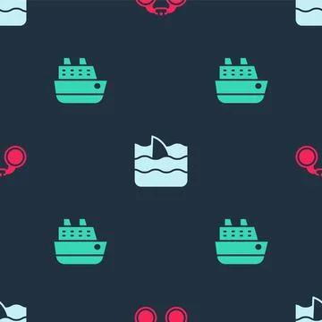 Set Binoculars, Shark fin ocean wave and Cruise ship on seamless pattern. Vector Stock Illustration