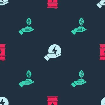 Set Bio fuel barrel, Lightning bolt and Plant hand on seamless pattern. Vector Stock Illustration