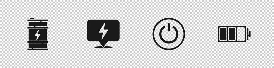 Set Bio fuel barrel, Lightning bolt, Power button and Battery icon. Vector Stock Illustration