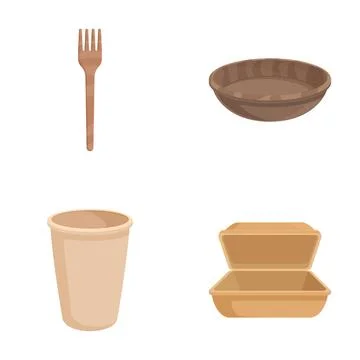 Set of biodegradable cutlery and containers on a white background Stock Illustration