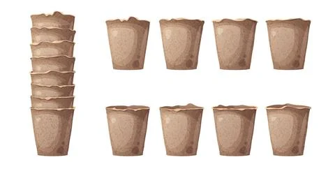 Set of biodegradable peat pots for seedlings. Stack of brown planting contain 스톡 일러스트