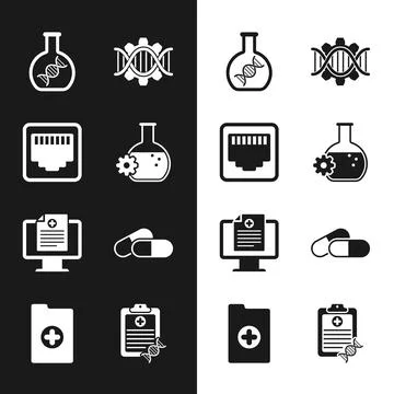 Set Bioengineering, Network port cable socket, DNA research, search, Geneti.. Stock Illustration