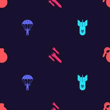 Set Biohazard bomb, Parachute, Rocket and Hand grenade on seamless pattern Stock Illustration