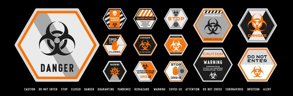 Set of biohazard quarantine hexagonal layout warning signs. Stock Illustration