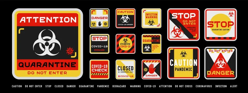Set of biohazard quarantine square layout warning signs. Stock Illustration