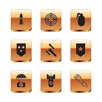 Set Biohazard rocket, Parachute with first aid kit, Nuclear bomb, Rocket Illustrazione stock