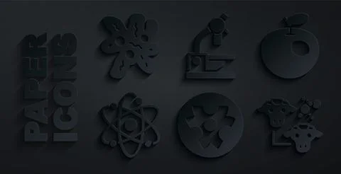 Set Biohazard symbol, Genetically modified apple, Atom, Cloning, Microscope.. Stock Illustration