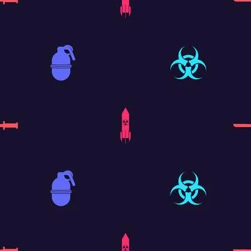Set Biohazard symbol, Hand grenade, Nuclear rocket and Military knife on 스톡 일러스트