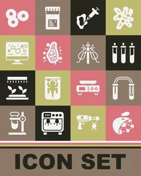 Set Biological structure, Test tube and flask, Reagent bottle, Syringe, Bacteria Stock Illustration