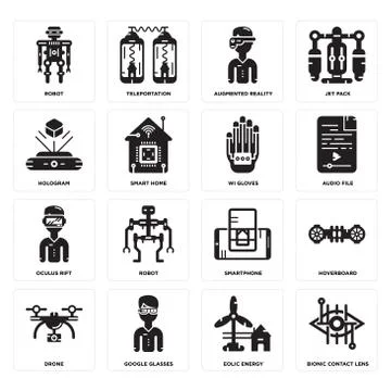 Set of Bionic contact lens, Eolic energy, Drone, Smartphone, Oculus rift, Wi  Free Stock Illustration