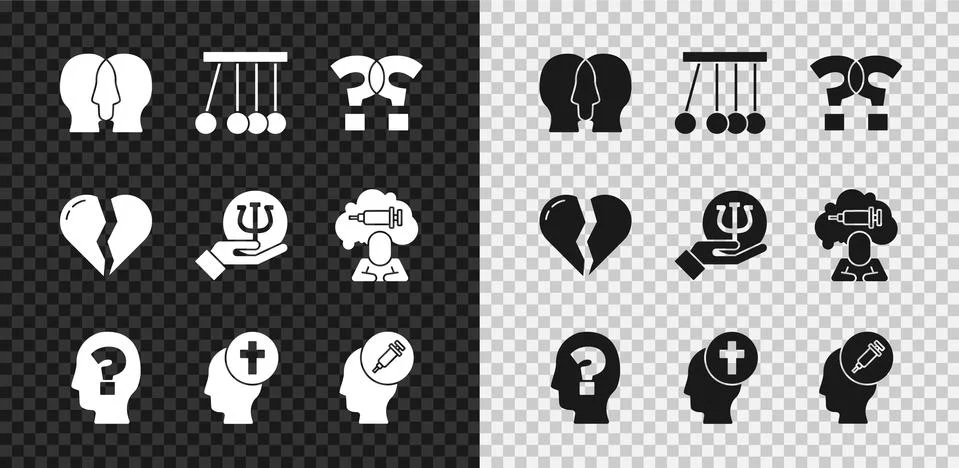 Set Bipolar disorder, Pendulum, Question mark, Head with question, Man graves Illustrazione stock