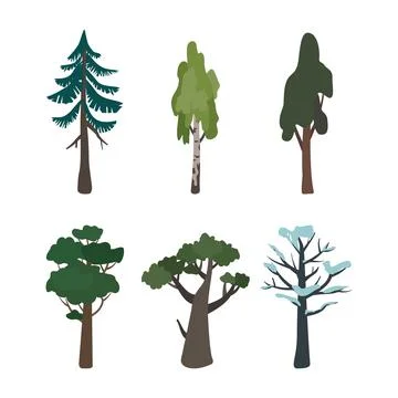 Set of birch, oak, spruce and winter tree in the snow. Green and brown symbol of Stock-Illustration