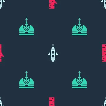 Set Birch tree, Rocket ship and King crown on seamless pattern. Vector イラスト素材