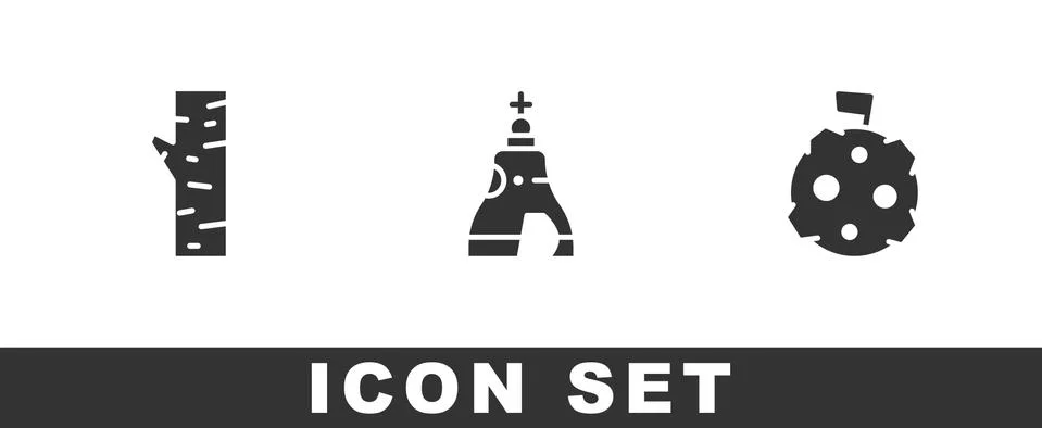 Set Birch tree, The Tsar bell and Moon with flag icon. Vector Stock Illustration