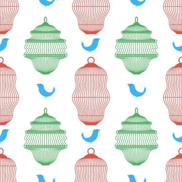 Set of Bird Cages Seamless Pattern Isolated on White Background Stock Illustration