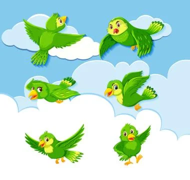 Set of bird character on sky background Stock Illustration